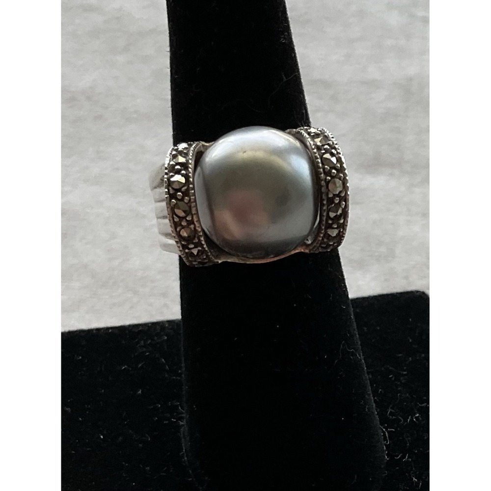 Vintage 925 Sterling Silver Faux Gray Pearl Ring Size 6 Estate Jewelry